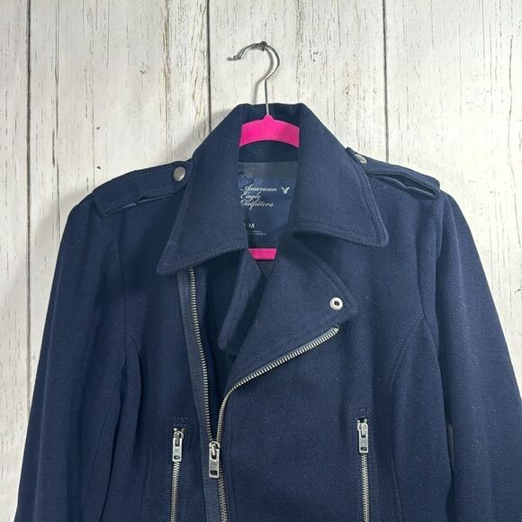 American Eagle Outfitters Asymmetrical Wool Blend Navy Blue Zip Moto Jacket - Picture 2 of 16